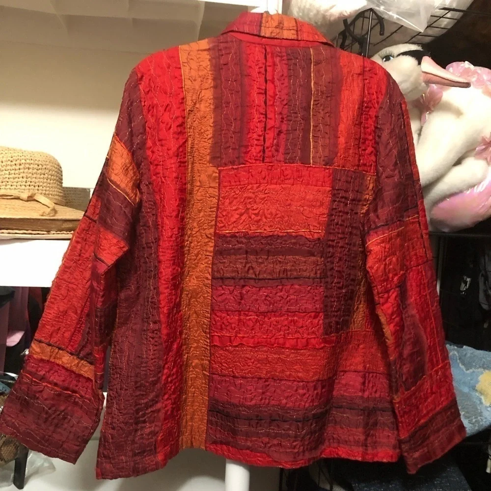 Chico’s Design Multi Red Tones Silk Blend Soft Cotton Lined Vintage Jacket Large - Picture 3 of 8